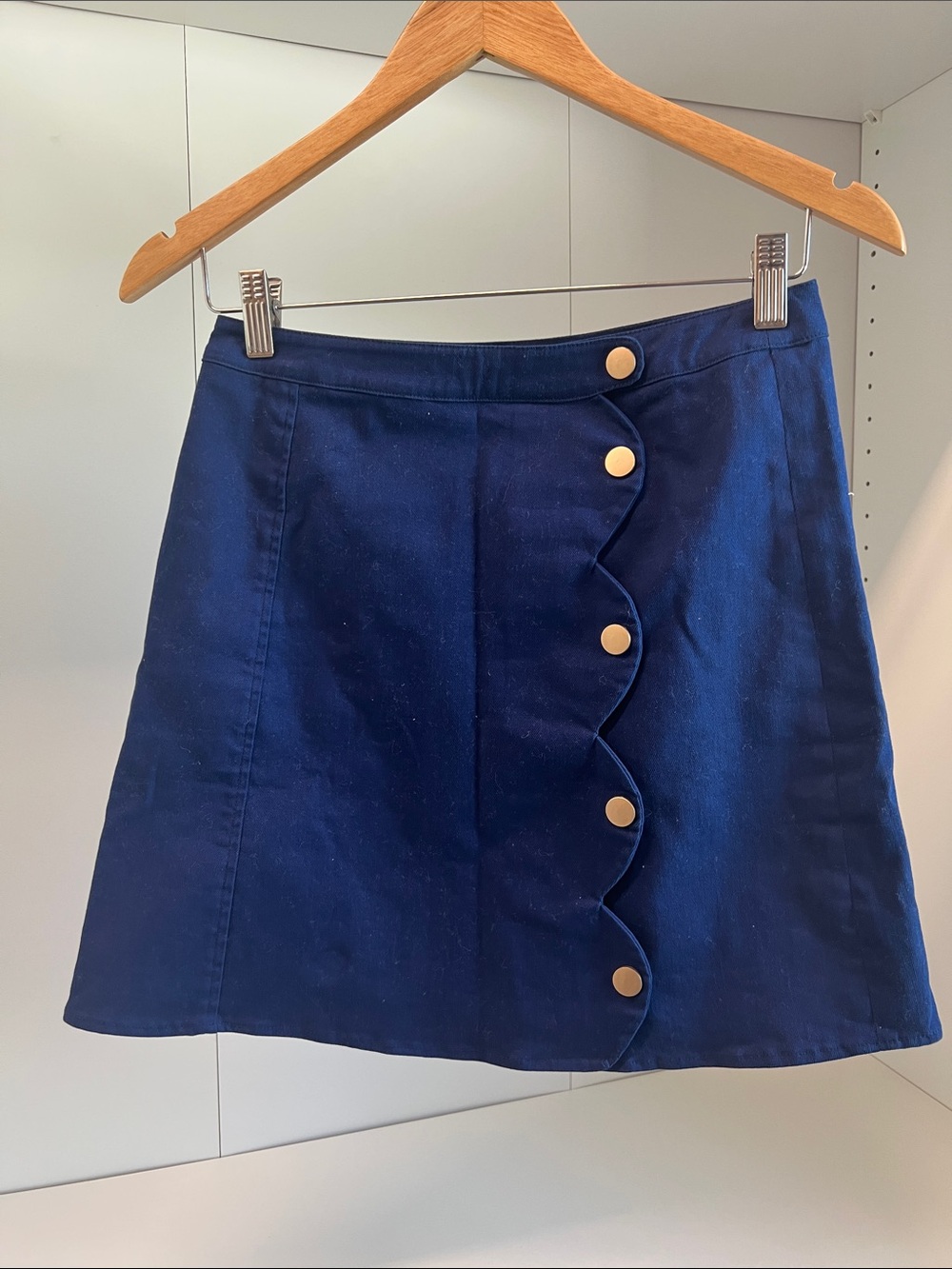 Harper Navy Mini Skirt with Gold Scallop Buttons